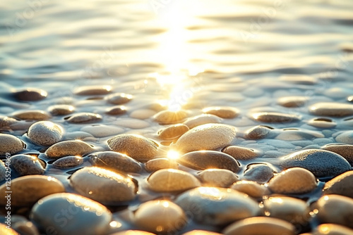 Surface of wet pebbles on the beach with sunlight reflected in the water photo