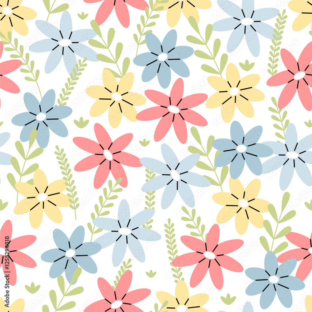Seamless pattern with multicolored flowers on a white background. Vector floral illustration background. Flat illustration. Seamless pattern with multicolored flowers on a white background. Vector floral illustration background. Flat illustration.