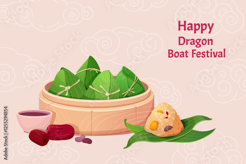 Dragon boat festival banner design with chinese rice dumpling zongzi  in bamboo leaves. Vector Illustration
