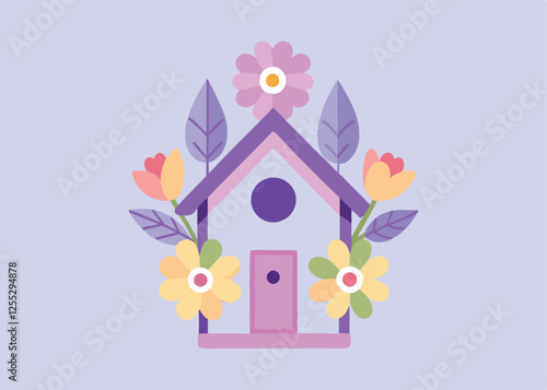 Pastel Easter Birdhouse with Blooming Flowers, Spring Vector flat cute eggs light