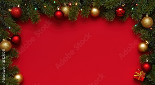 Festive holiday background with Christmas ornaments and greenery