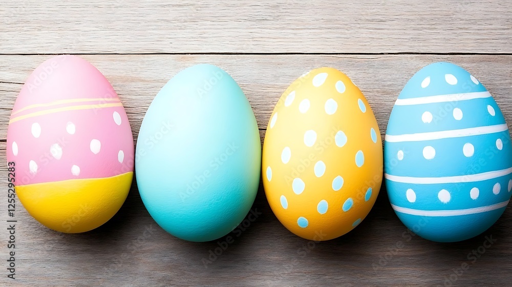 Assorted Pastel Easter Eggs with Dots and Lines on Wood Surface in Spring Holiday Arrangement Assorted Pastel Easter Eggs with Dots and Lines on Wood Surface in Spring Holiday Arrangement