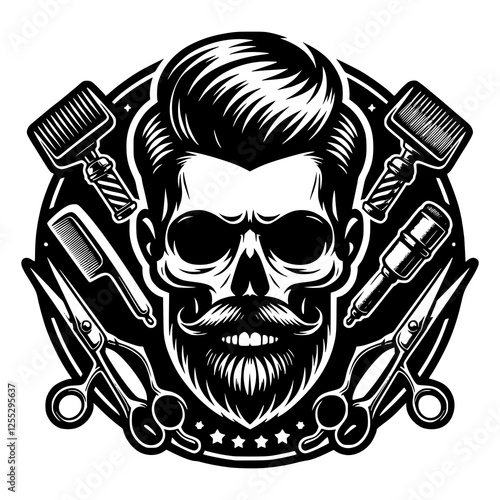 A bold black and white barbershop emblem featuring a skull with a well-groomed beard and slicked-back hair