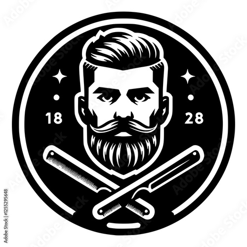 A bold black and white barbershop emblem showcasing a bearded man