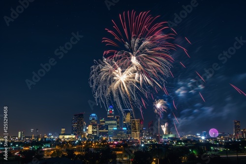 Fireworks Illuminate City Skyline During New Years Eve Celebration in Houston, Texas, Creating a Spectacular Display of Light and Color