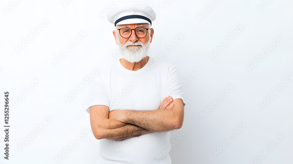 Portrait elderly bearded smiling sailor man in a uniform, isolated on white background