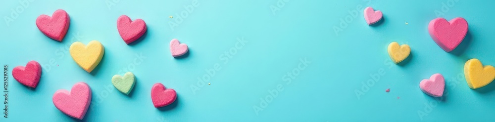 Fototapeta premium Colorful candy conversation hearts scattered on turquoise blue background , sweets, hearts