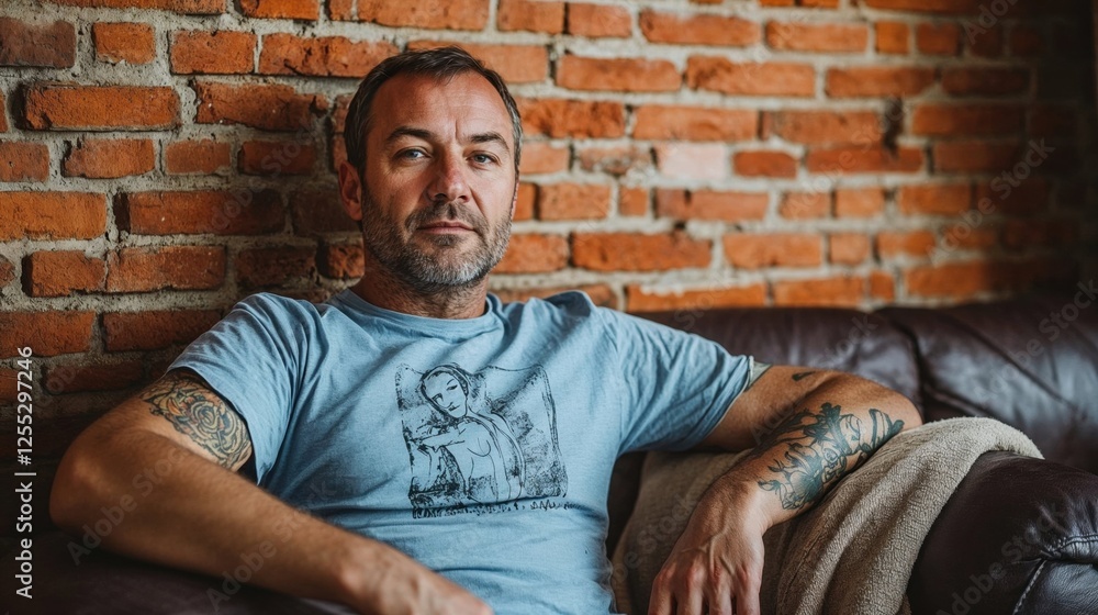 A confident man with tattoos, casually sitting on a sofa in a cozy living room with a brick wall in the background, showcasing a relaxed and laid-back vibe with a modern, rustic touch A confident man with tattoos, casually sitting on a sofa in a cozy living room with a brick wall in the background, showcasing a relaxed and laid-back vibe with a modern, rustic touch