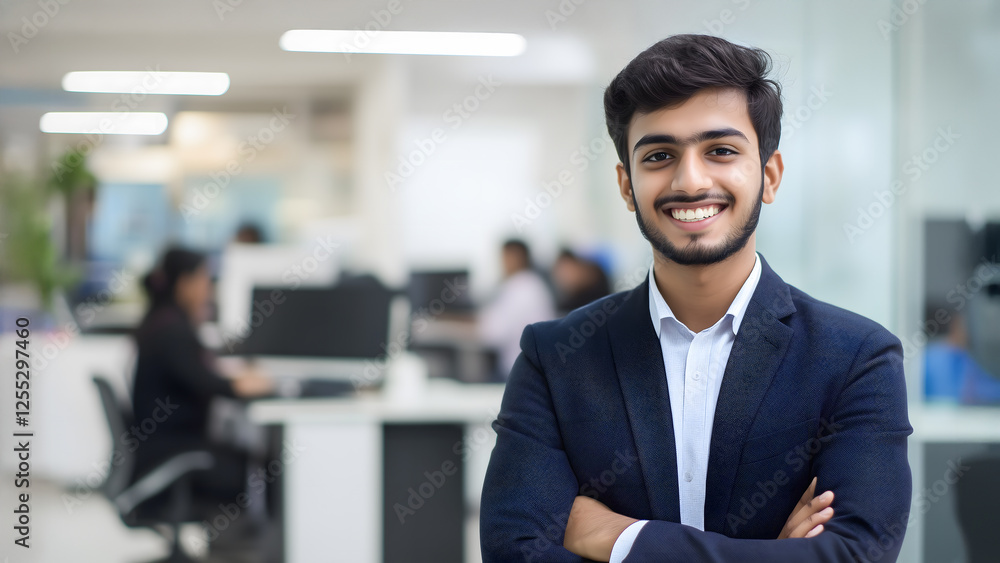 Young Indian businessman standing in a modern office. Young Indian businessman standing in a modern office.