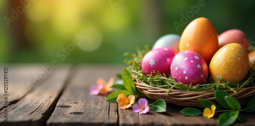 Colorful Easter egg display on a wooden table, eggs, decoration photo