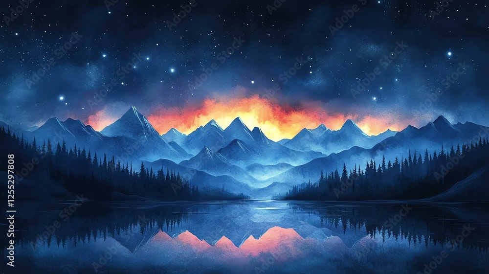Vivid mountain landscape at night with reflective lake and colorful starry sky. Vivid mountain landscape at night with reflective lake and colorful starry sky.
