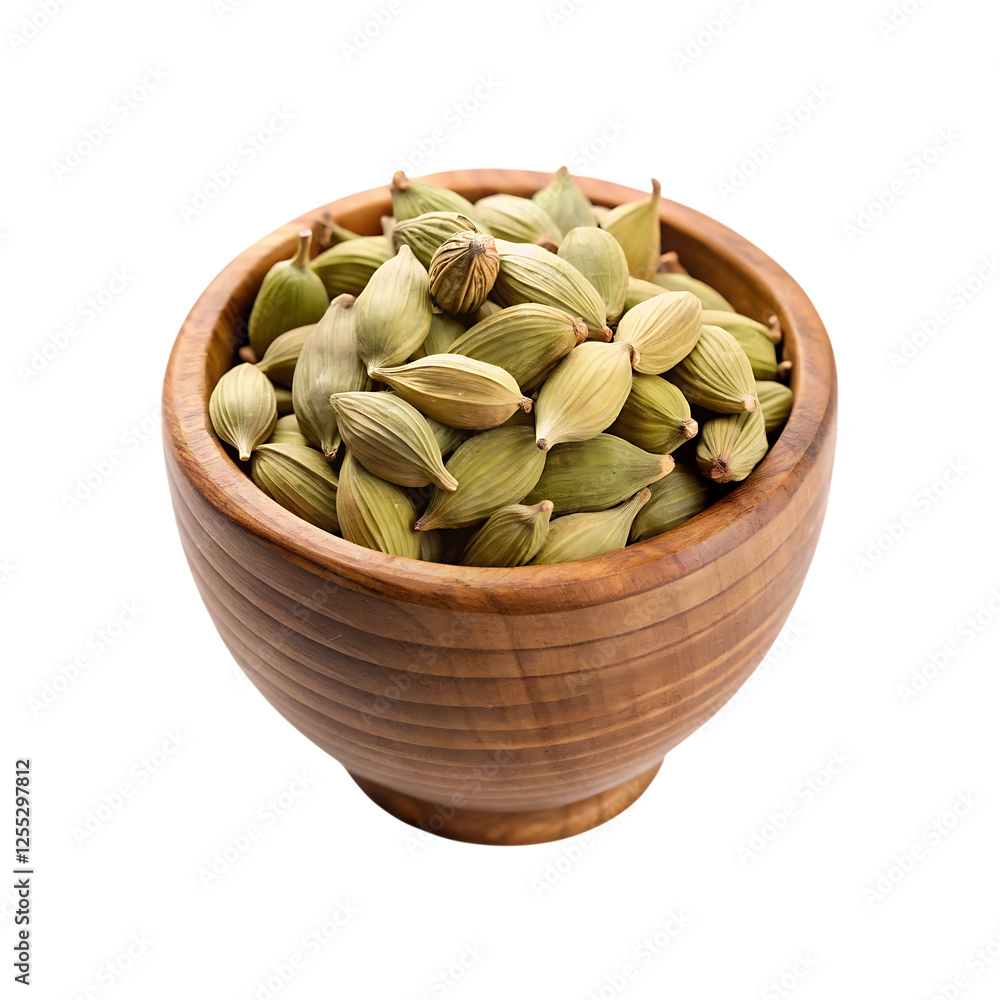 cardamon in a wooden bowl isolated on a transparent background, in a PNG format cardamon in a wooden bowl isolated on a transparent background, in a PNG format