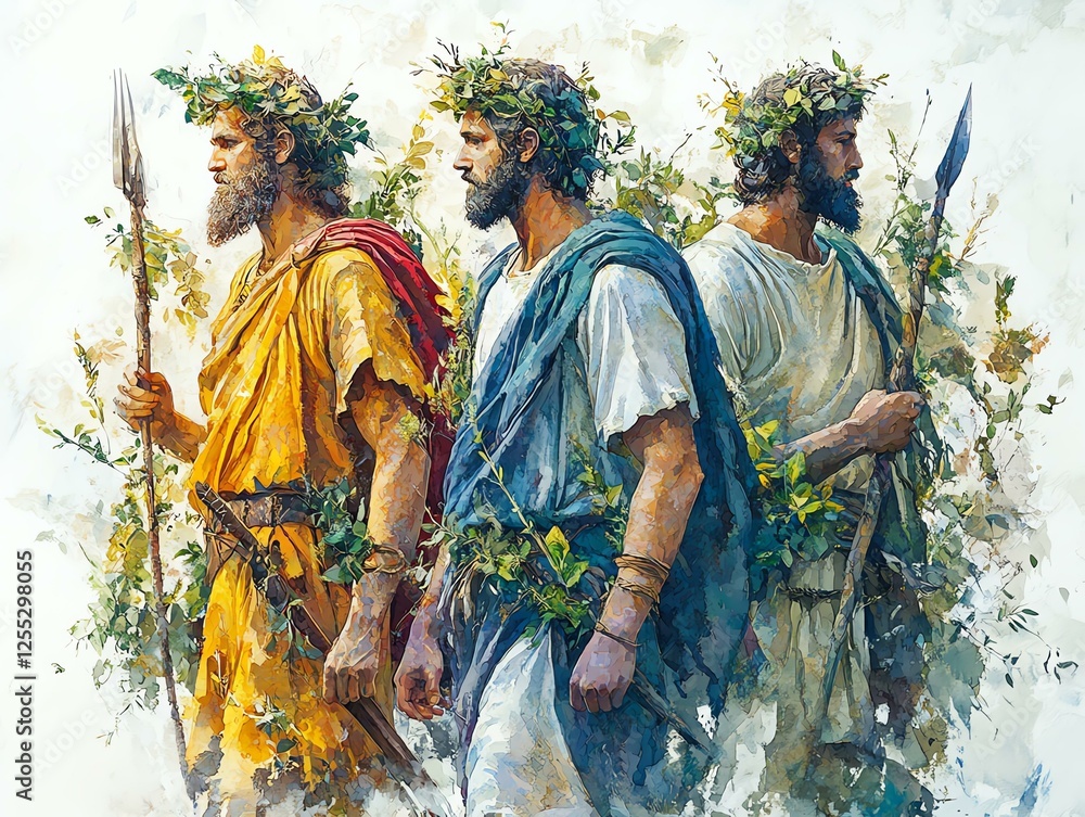 Fototapeta premium Three ancient figures adorned with leaves, holding spears, embodying classical heritage.