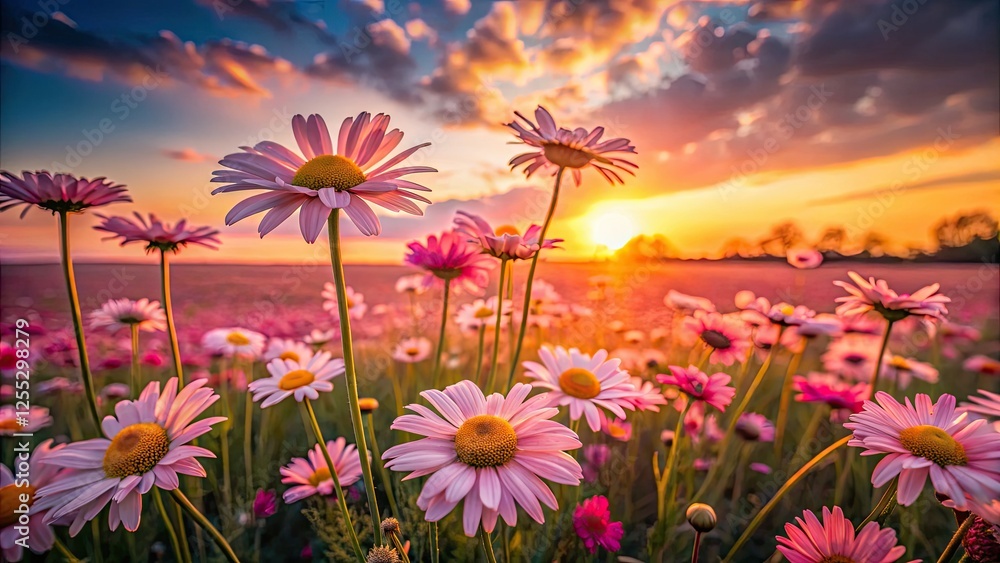 Fototapeta premium Dreamy sunset paints a pink daisy field in a long exposure, creating a stunning floral landscape.