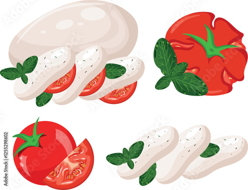 set of ingredients needed for caprese salad, namely mozzarella cheese, basil and tomato slices, for various designs, posters or banners