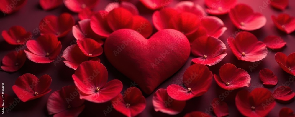 Crimson rose petals encircle a realistic heart , passion, soft Crimson rose petals encircle a realistic heart , passion, soft