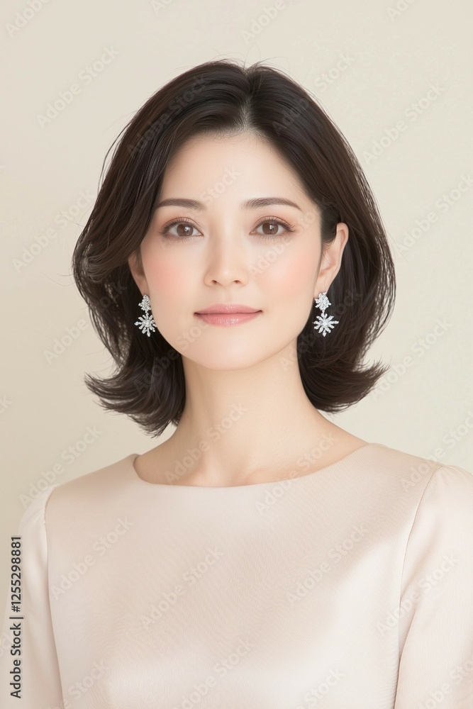 Fototapeta premium Elegant Portrait of a Woman with Delicate Jewelry and Soft Pink Dress