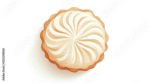 Overhead close-up shot of a round tart with a creamy, off-white filling. The filling is decorated with a swirled pattern emanating from the center. The tart crust is a light golden brown.