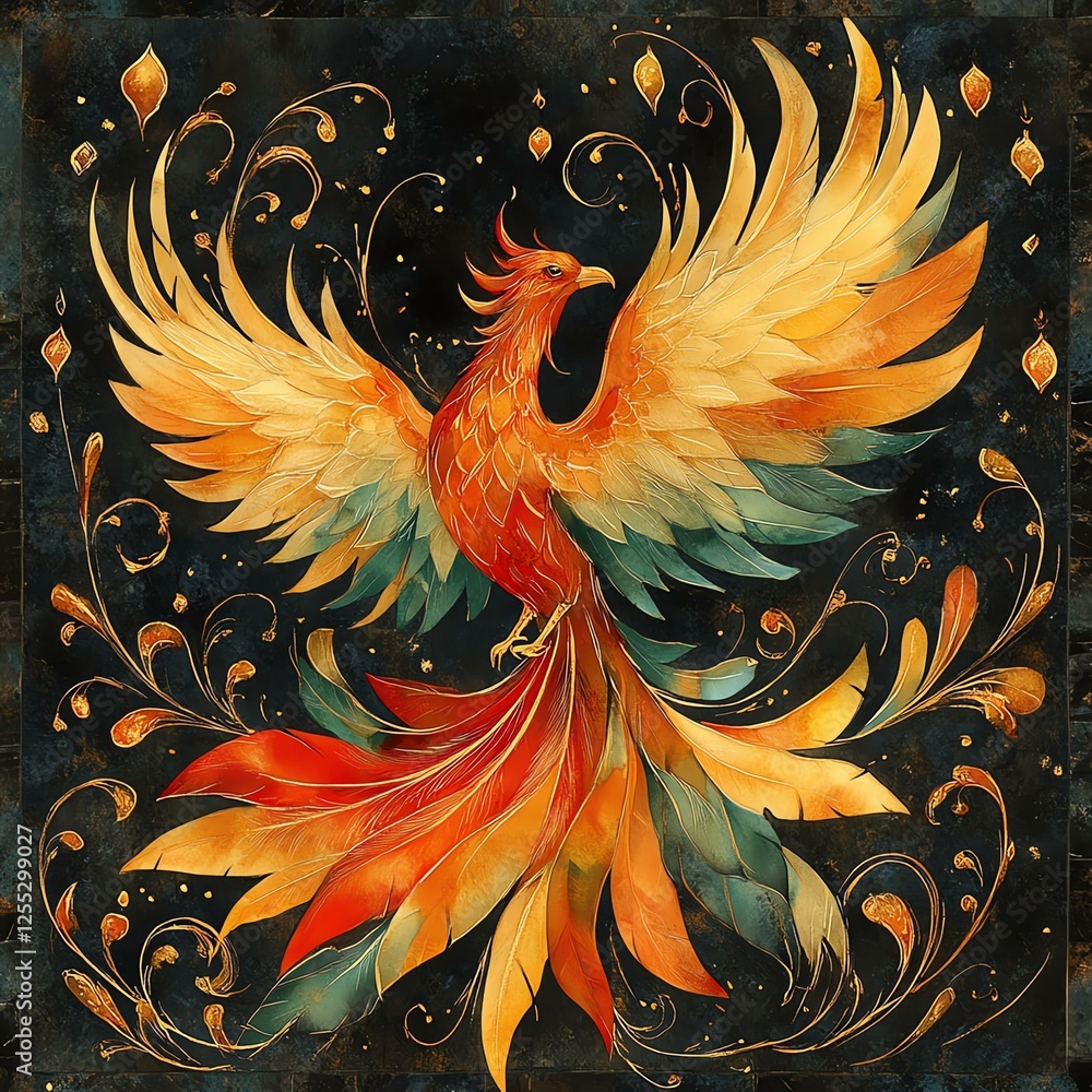 Obraz premium A vibrant phoenix illustration symbolizing rebirth and transformation in art.
