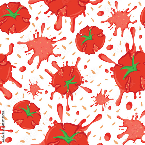 seamless pattern with tomato sauce in the form of a blob and crushed tomato with green tails and yellow seeds, for various packaging or textiles