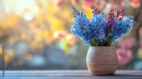 A visually appealing mockup showcasing a bare wooden table with a bright, sunlit hyacinth in the foreground, set against a softly blurred bokeh background photo