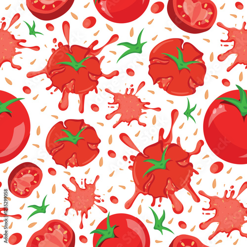 seamless pattern with tomato sauce blob and crushed tomato with green tails and yellow seeds and whole tomatoes, for various packaging or textile
