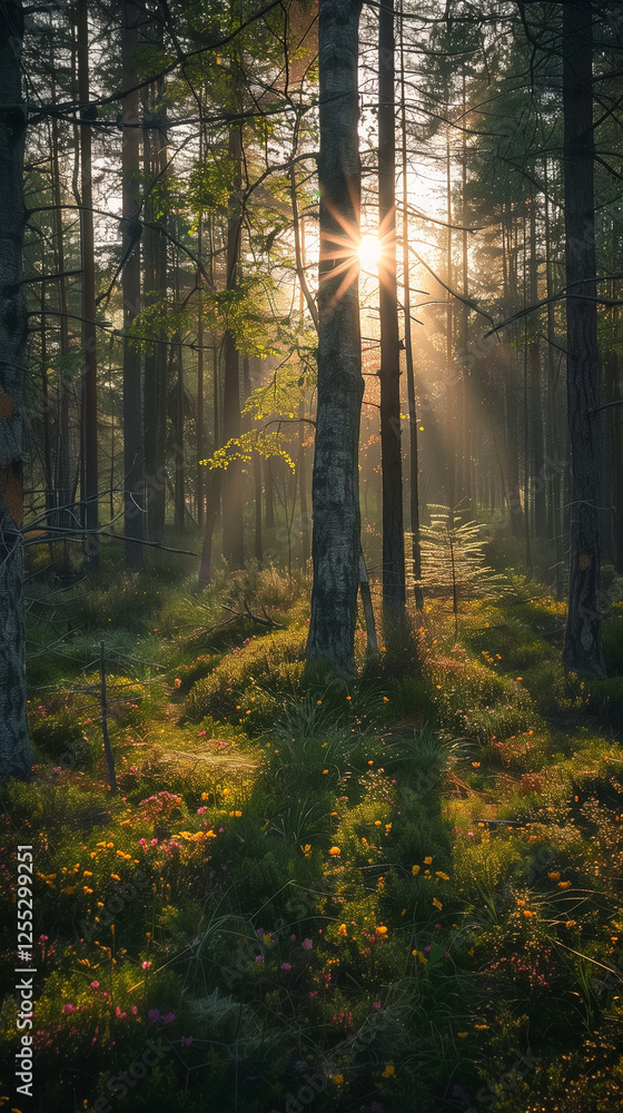 Fototapeta premium serene forest sunlight rays green foliage long shadows peaceful natural woodland landscape