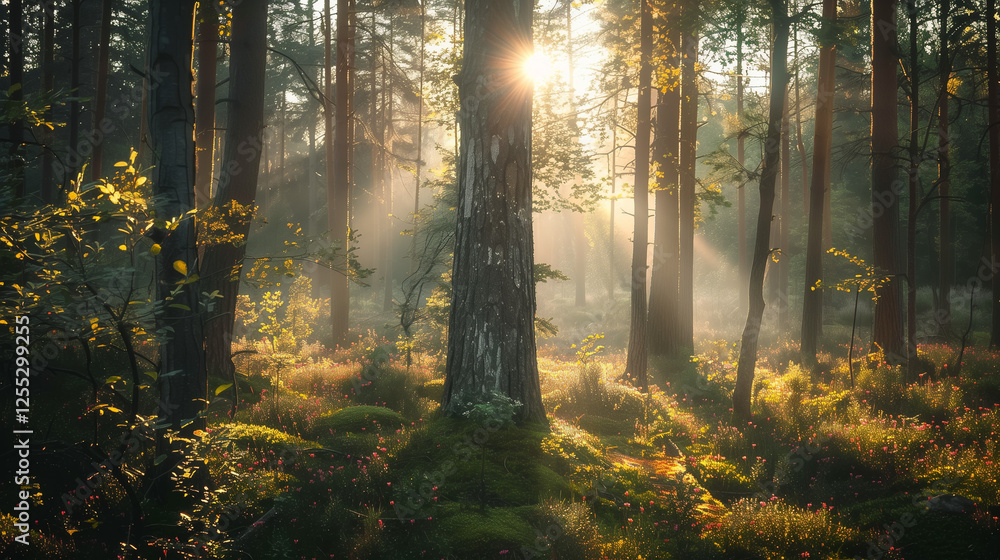 Obraz premium sunlight forest landscape misty morning pine trees mossy ground magical nature scenery wide