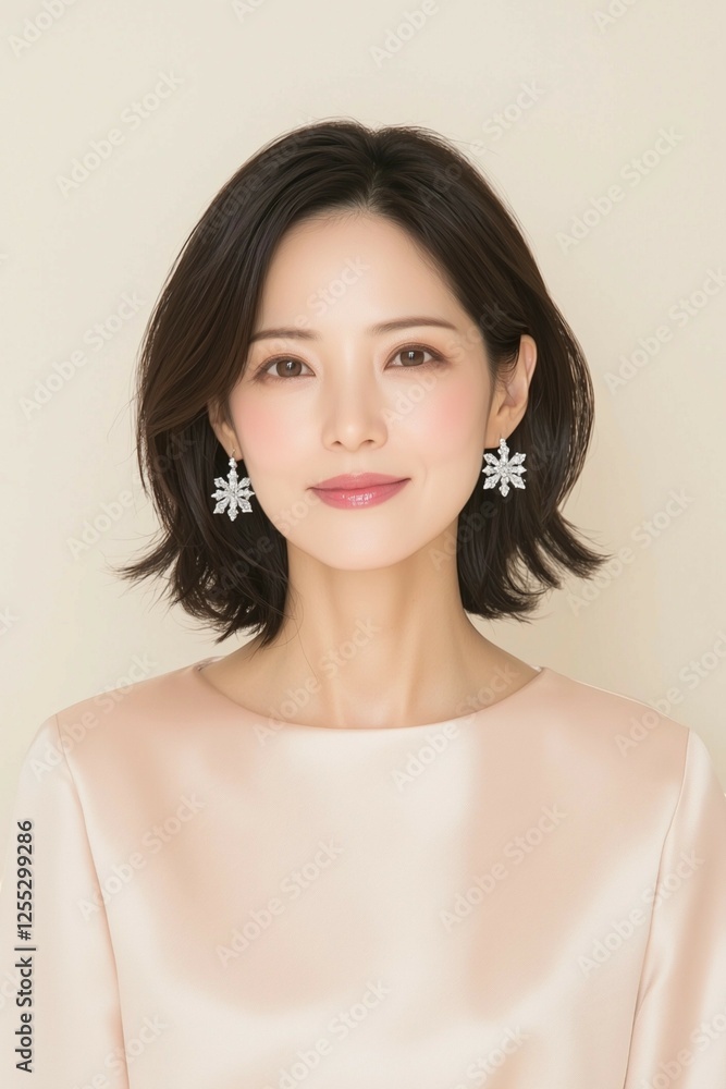 Fototapeta premium Elegant Portrait of a Woman with Delicate Jewelry and Soft Pink Dress