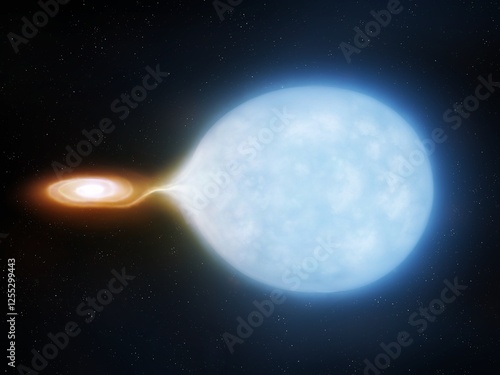A neutron star is absorbing matter from a blue giant. Gravitational interaction of two stars. Close binary system.