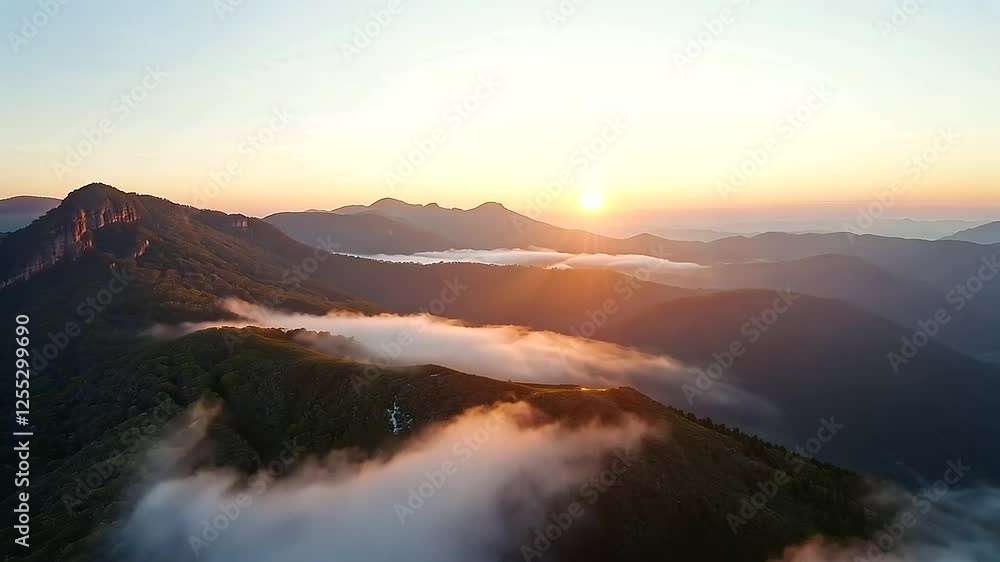 Sunrise Over Mountain Range with Mist in the Valleys Sunrise Over Mountain Range with Mist in the Valleys