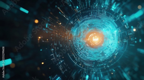 Abstract technological eye with glowing digital lines and data stream