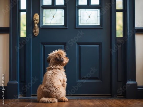 Small fluffy brown dog sitting by a blue door