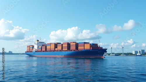 A majestic blue and red container ship glides through the sea, adorned with towering stacks of vibrant orange, brown, and white containers, showcasing a symphony of colors against the horizon photo