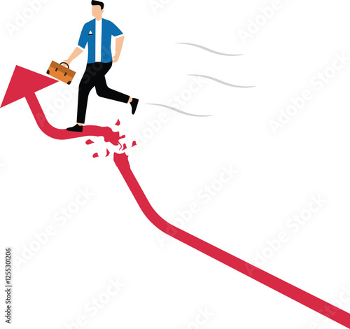 Ruined, business or career path collapses with no way back, investment loses money, economy, business or stock market collapses, businessman runs on progressively broken arrows