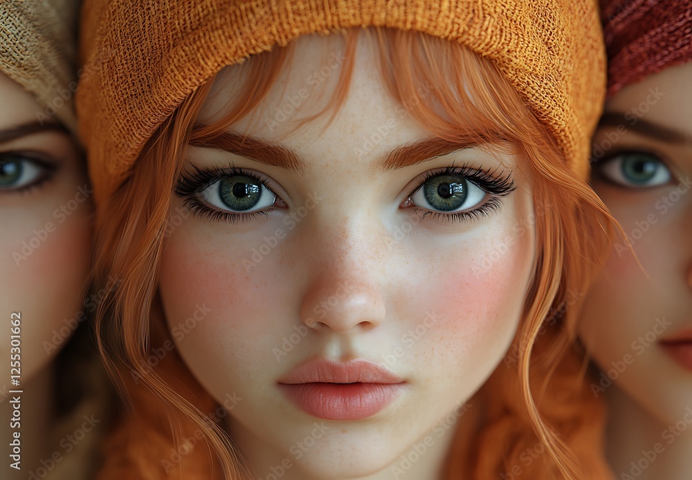 Two Women with Striking Blue Eyes and Wavy Red Hair in Stylish Knit Headscarves Against Soft Blurred Background
Two Women with Striking Blue Eyes and Wavy Red Hair in Stylish Knit Headscarves Against Soft Blurred Background