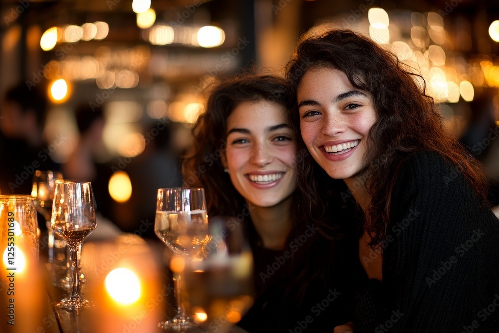 Friends enjoy a joyful evening at a cozy restaurant with warm lighting and drinks Friends enjoy a joyful evening at a cozy restaurant with warm lighting and drinks