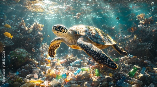 Sea Turtle Swims Through Ocean Plastic Pollution photo