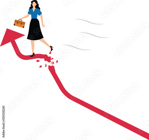 Ruined, business or career path collapses with no way back, investment loses money, economy, business or stock market collapses, businesswoman runs on progressively broken arrows
