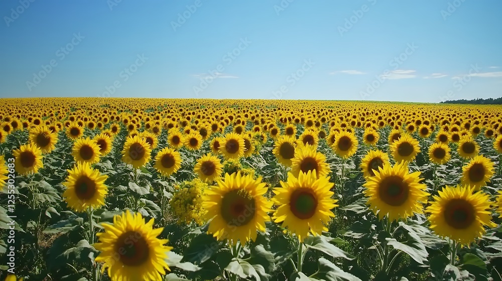 Fototapeta premium A vast field of sunflowers in full bloom stretching towards the clear blue sky