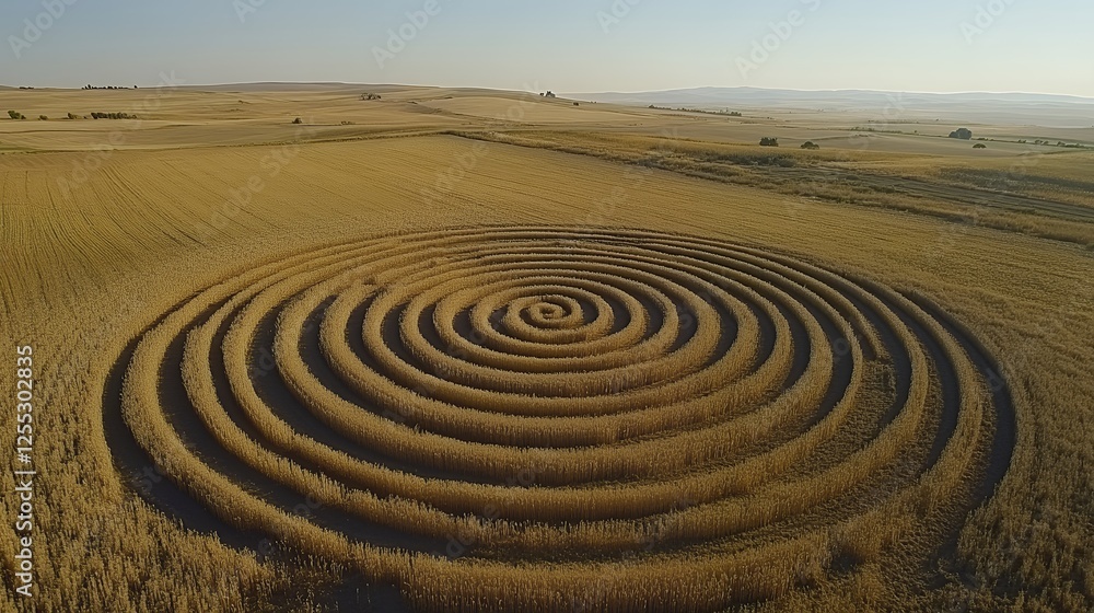 A mysterious crop circle pattern in a golden wheat field, captured under a clear sky A mysterious crop circle pattern in a golden wheat field, captured under a clear sky