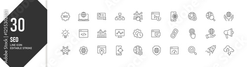 30 SEO Line Icons in Editable Stroke Format for Digital Marketing and Web Optimization