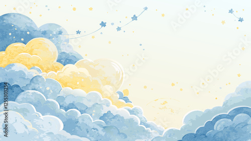 Watercolor cloud background in soft blue and yellow, dreamy and uplifting, celebrating individuals with Down syndrome with copy space  