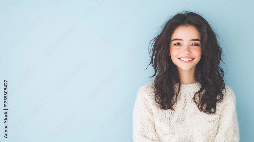 Young woman with wavy dark hair and bright smile wearing cozy white sweater, standing against soft blue background, symbolizing happiness and natural beauty Young woman with wavy dark hair and bright smile wearing cozy white sweater, standing against soft blue background, symbolizing happiness and natural beauty