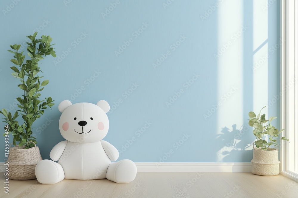 Bright and inviting empty room mockup featuring baby blue plaster walls and natural wood flooring ideal for any playful or calming design concept Bright and inviting empty room mockup featuring baby blue plaster walls and natural wood flooring ideal for any playful or calming design concept