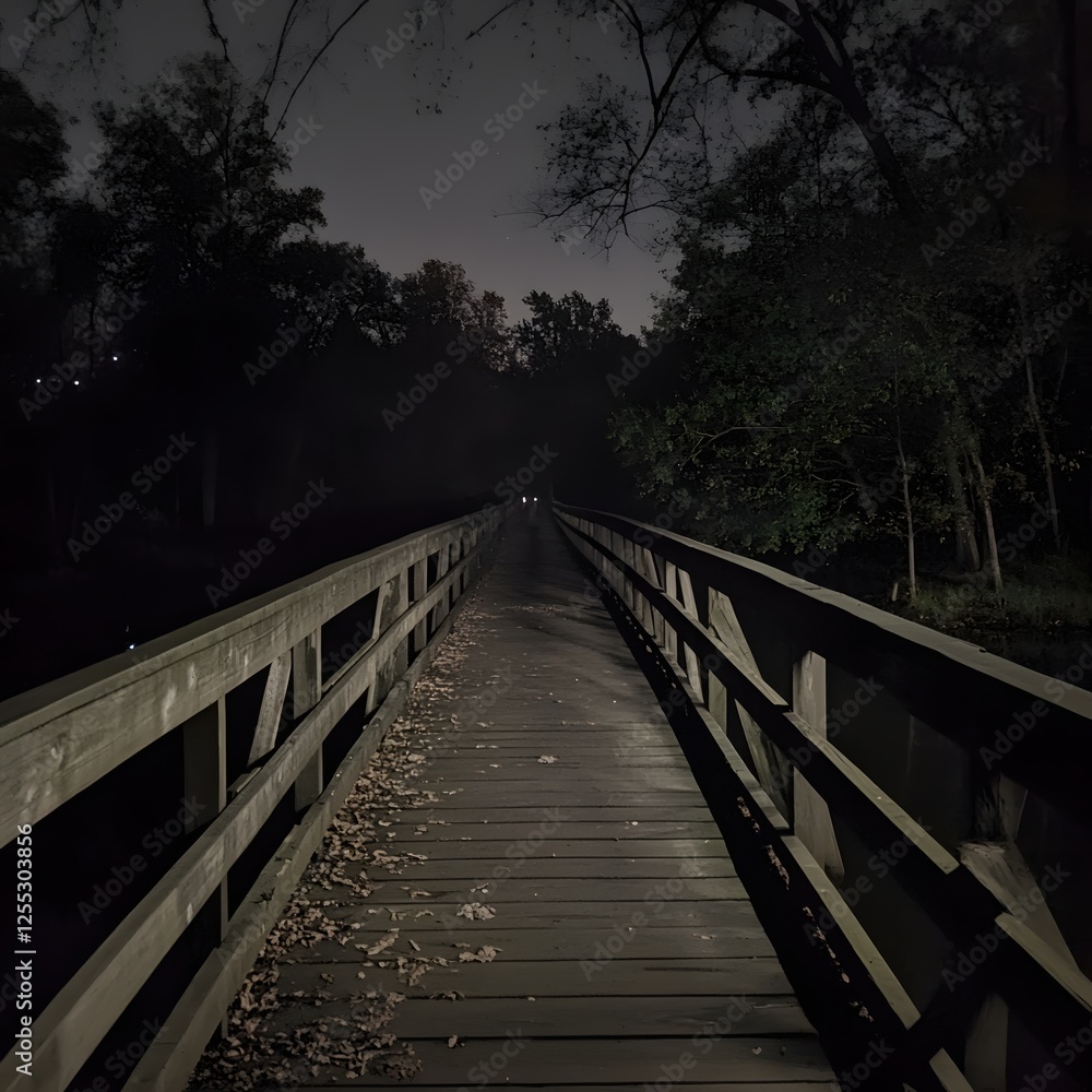 Fototapeta premium Night bridge walk with fallen leaves under dark sky and trees in a peaceful atmosphere