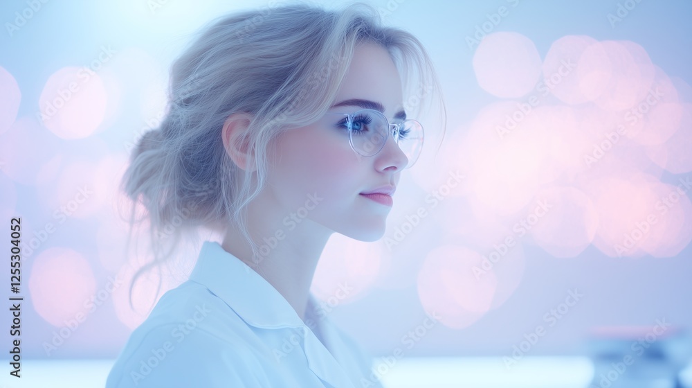 Young woman with blonde hair and glasses wearing white lab coat looks thoughtfully to the side against dreamy, softly lit background. Science and innovation concept Young woman with blonde hair and glasses wearing white lab coat looks thoughtfully to the side against dreamy, softly lit background. Science and innovation concept