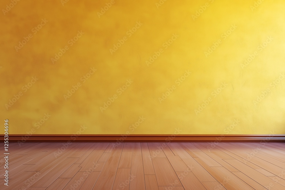 Bright gold wall with natural wood flooring in an empty room mockup ideal for interior design concepts and presentations Bright gold wall with natural wood flooring in an empty room mockup ideal for interior design concepts and presentations
