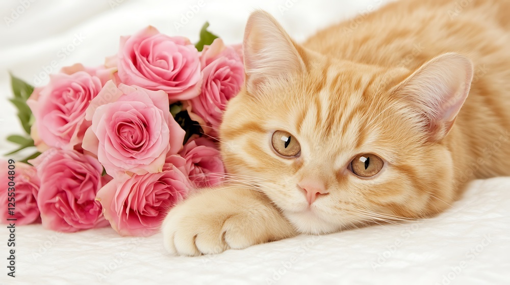 Ginger Cat with Pink Roses Charming Feline Pet Surrounded by Floral Beauty Still Life Composition Ginger Cat with Pink Roses Charming Feline Pet Surrounded by Floral Beauty Still Life Composition