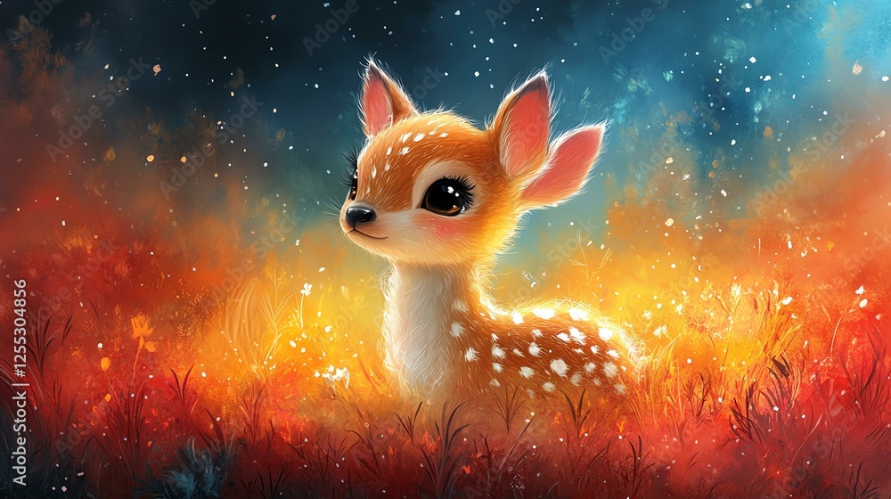 A charming fawn surrounded by colorful foliage in a magical atmosphere. A charming fawn surrounded by colorful foliage in a magical atmosphere.